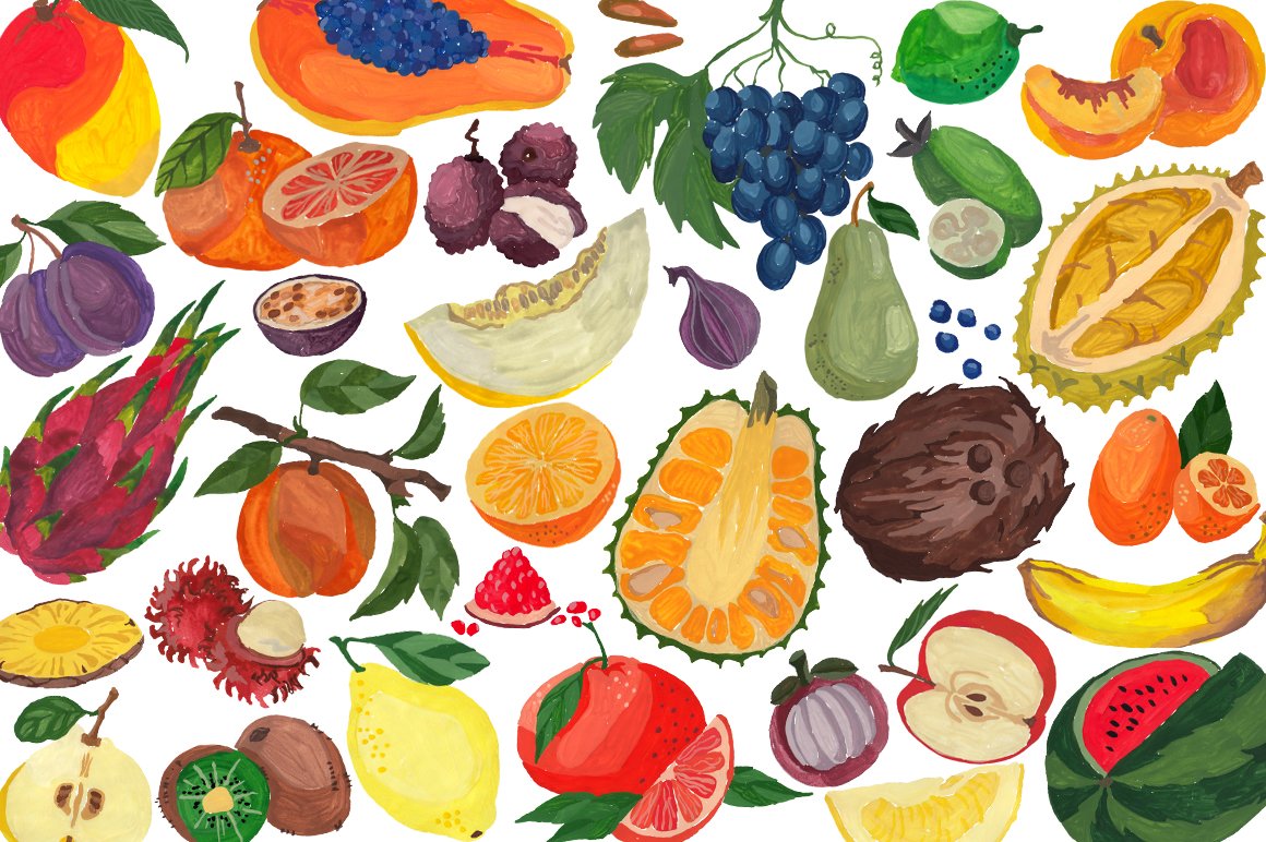 Fruit set, hand-painted, gouache preview image.