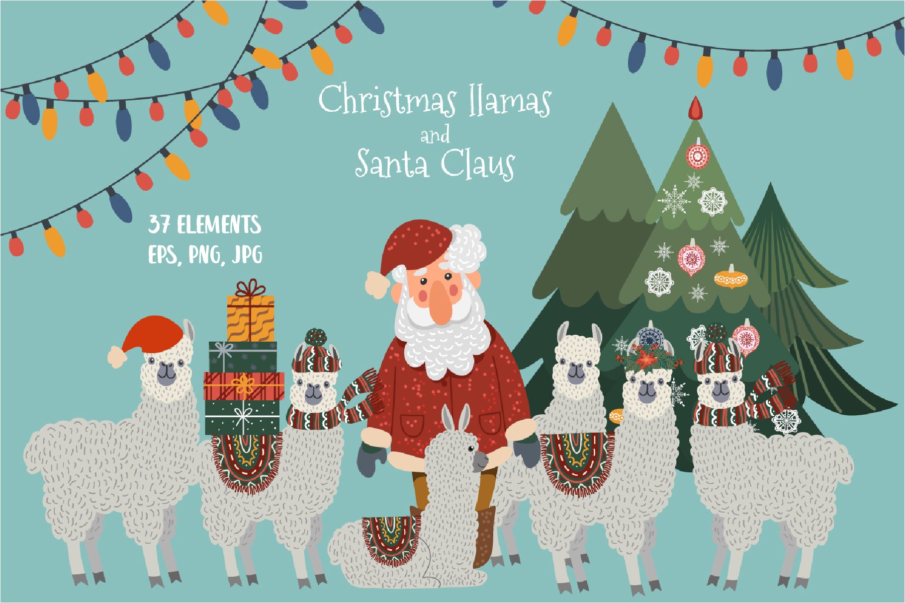Christmas llamas and Santa clipart cover image.