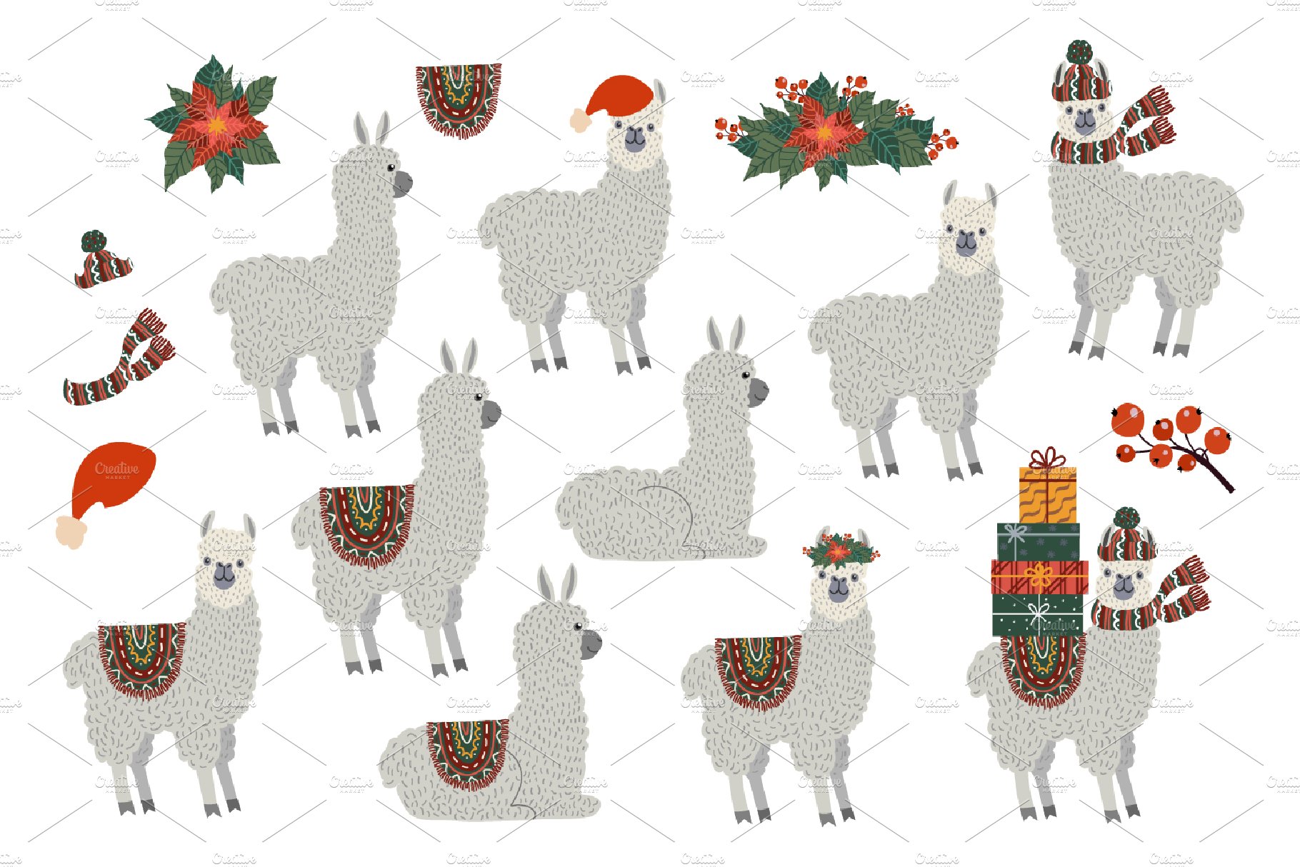 Christmas llamas and Santa clipart preview image.