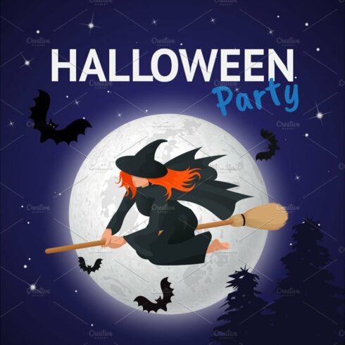 Witch flying on a broomstick across full moon at twilight for Halloween cover image.