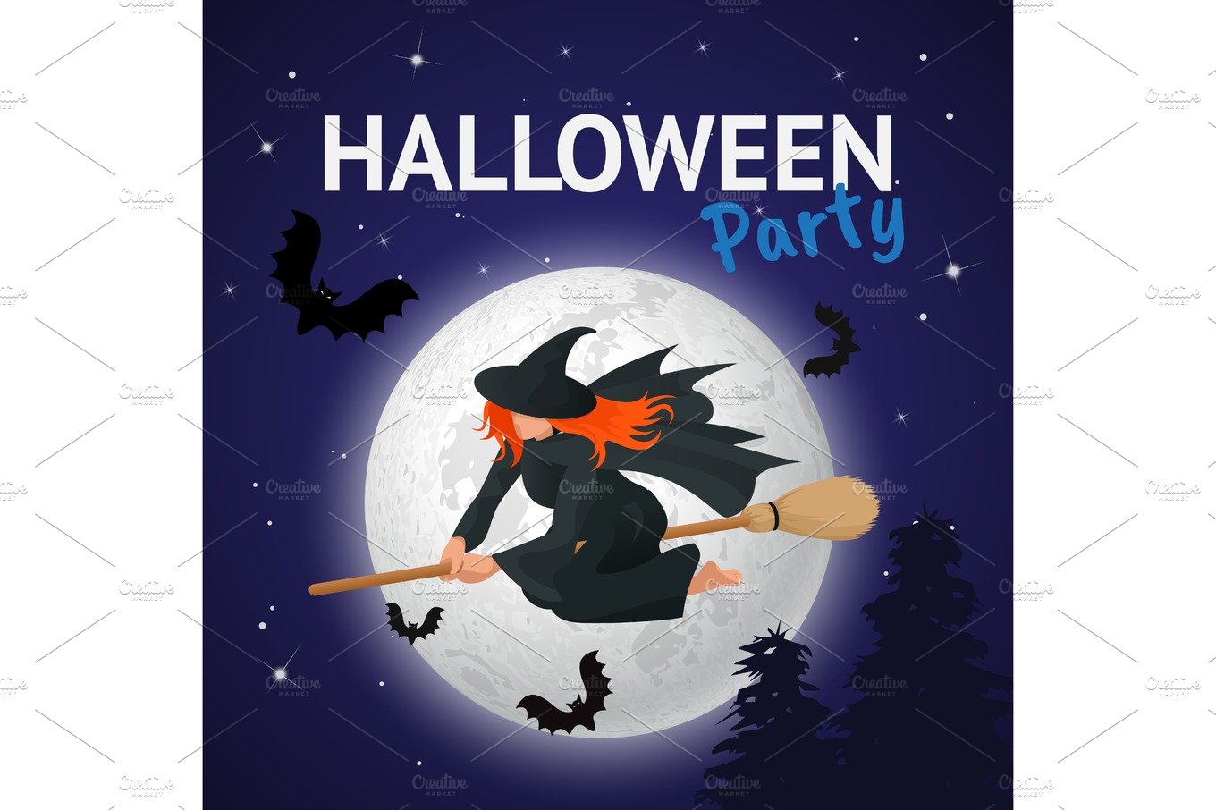 Witch flying on a broomstick across full moon at twilight for Halloween cover image.