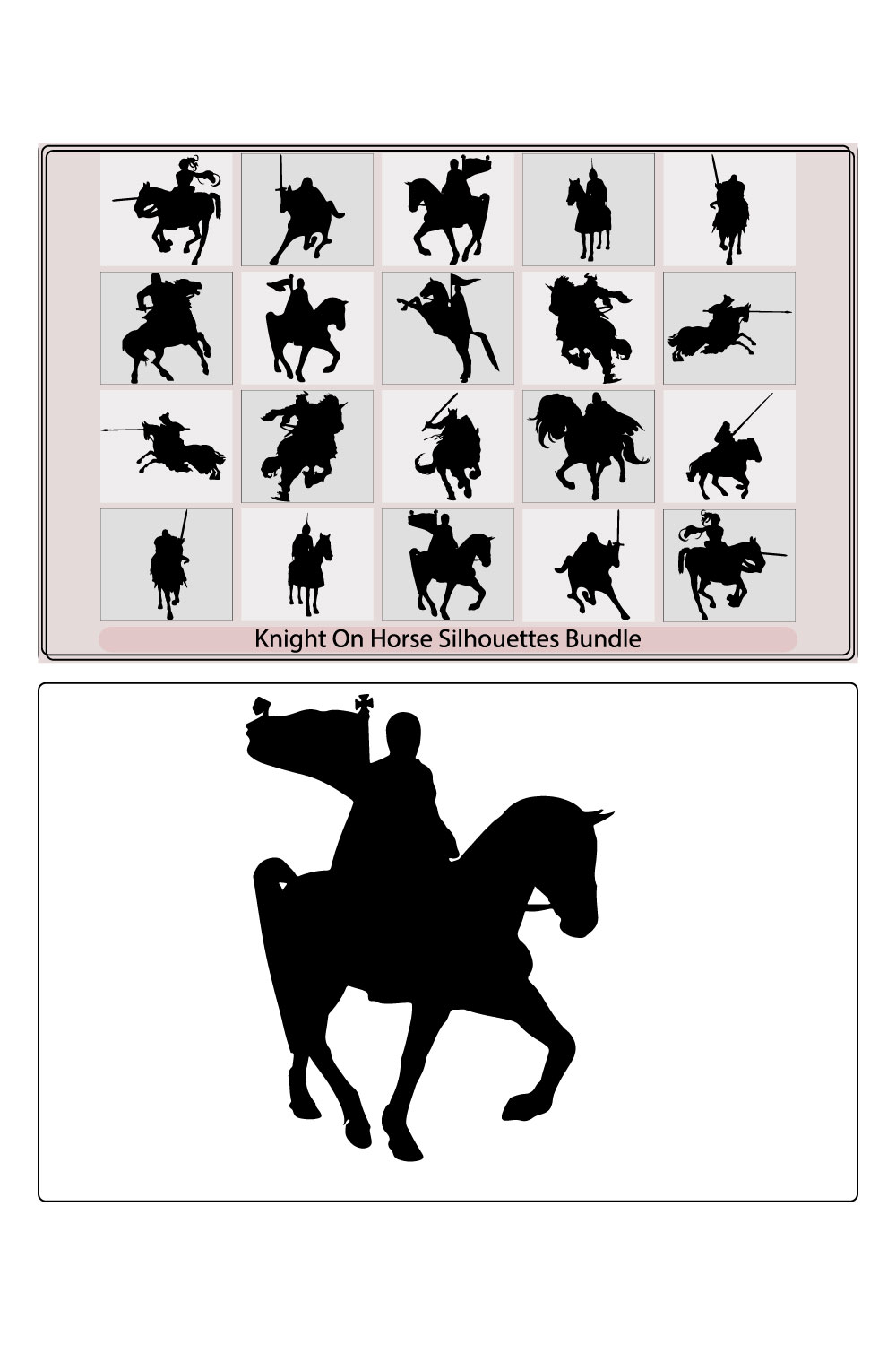 Black silhouette of knight on white background Detailed image of rider with spear and armor,royal knight with sword and shield riding a horse pinterest preview image.