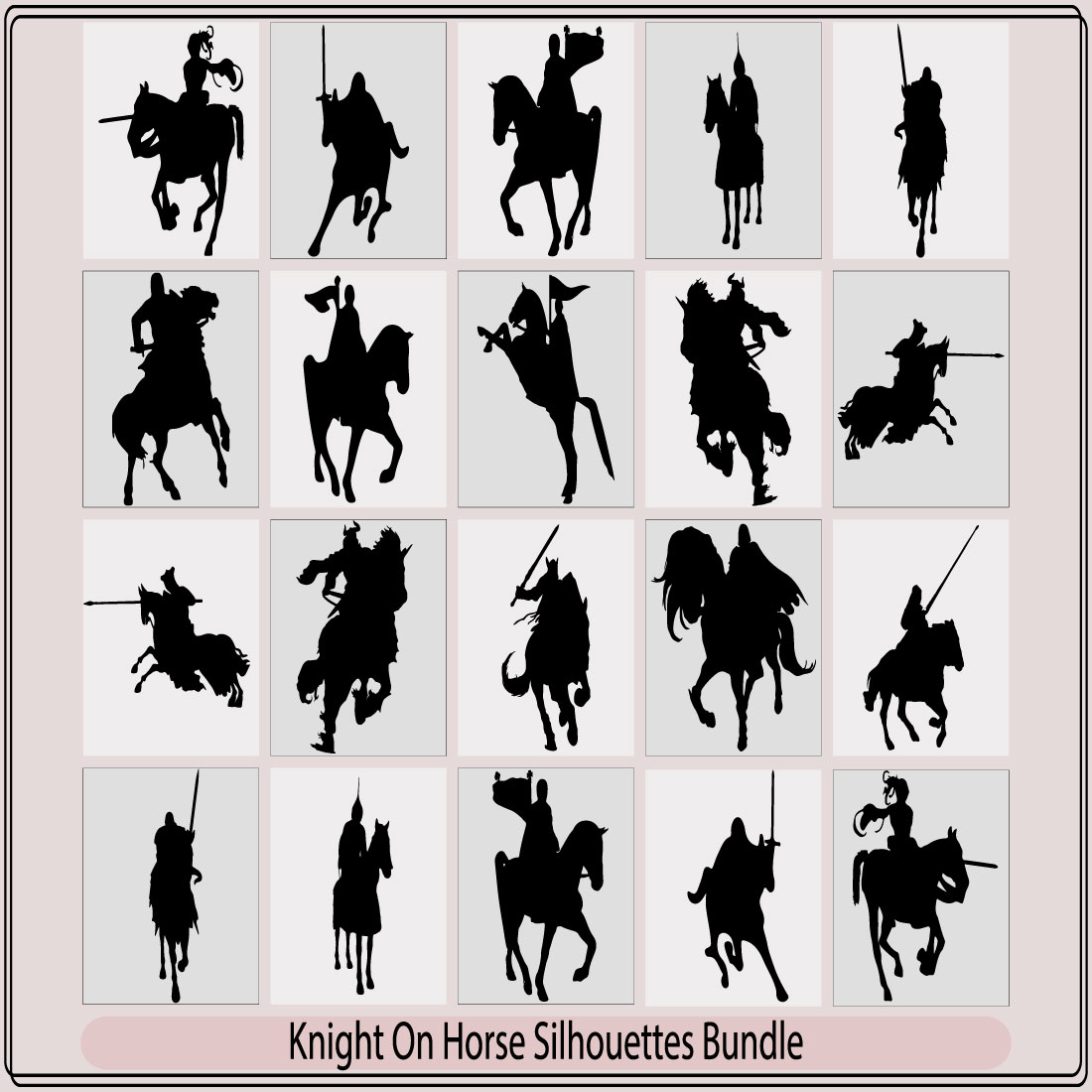 Black silhouette of knight on white background Detailed image of rider with spear and armor,royal knight with sword and shield riding a horse preview image.