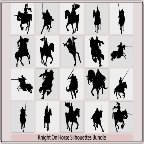 Black silhouette of knight on white background Detailed image of rider with spear and armor,royal knight with sword and shield riding a horse cover image.