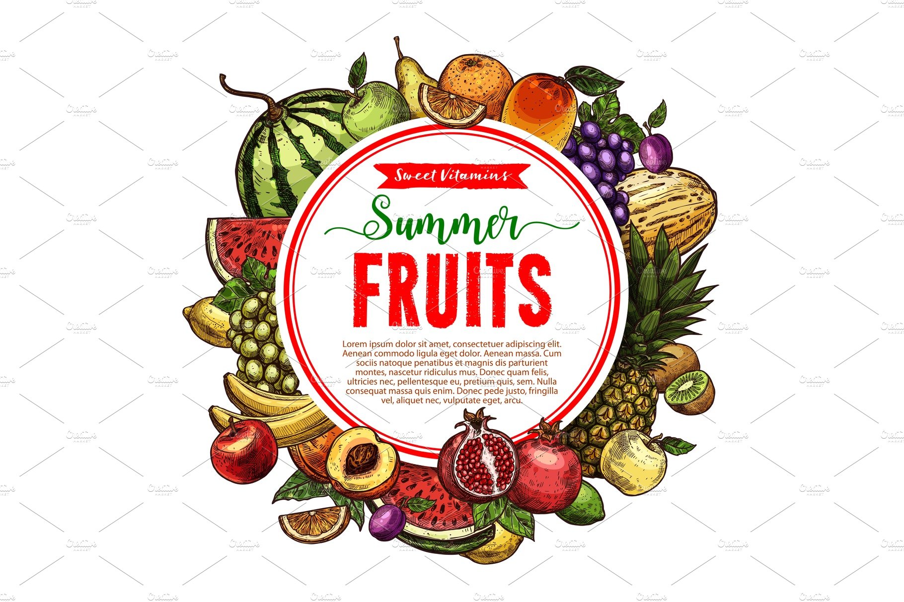 Vector sketch fruit store poster of farm fruits cover image.