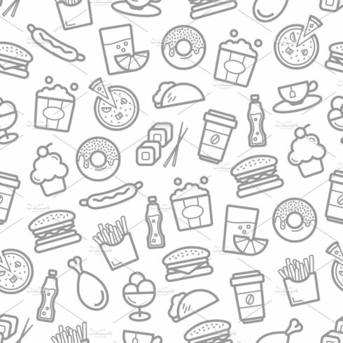 Fast food and seafood vector seamless pattern cover image.