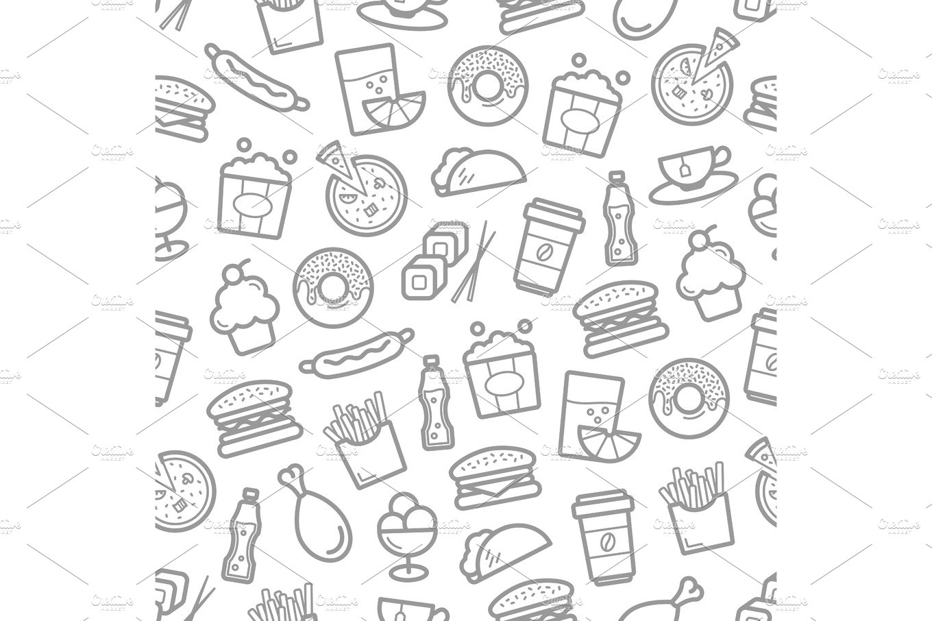 Fast food and seafood vector seamless pattern cover image.