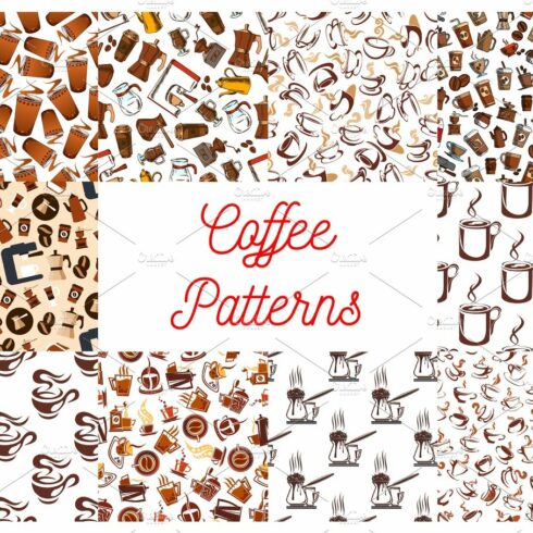 Coffee cups and coffee makers seamless patterns cover image.