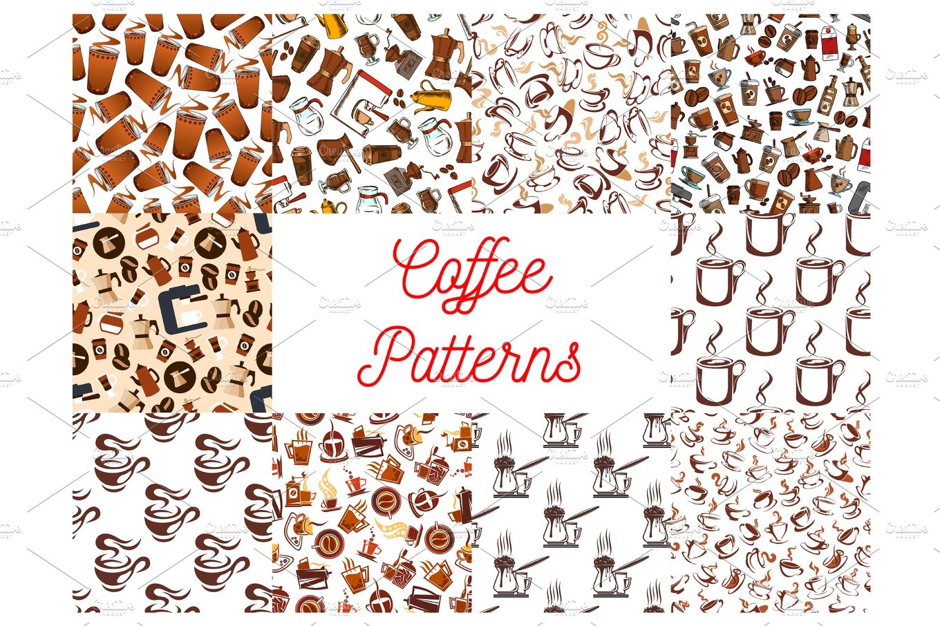 Coffee cups and coffee makers seamless patterns cover image.