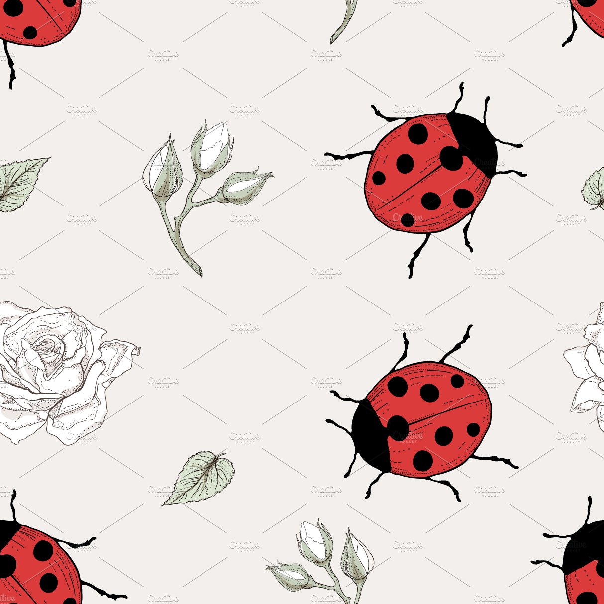 Ladybugs and Roses seamless pattern preview image.