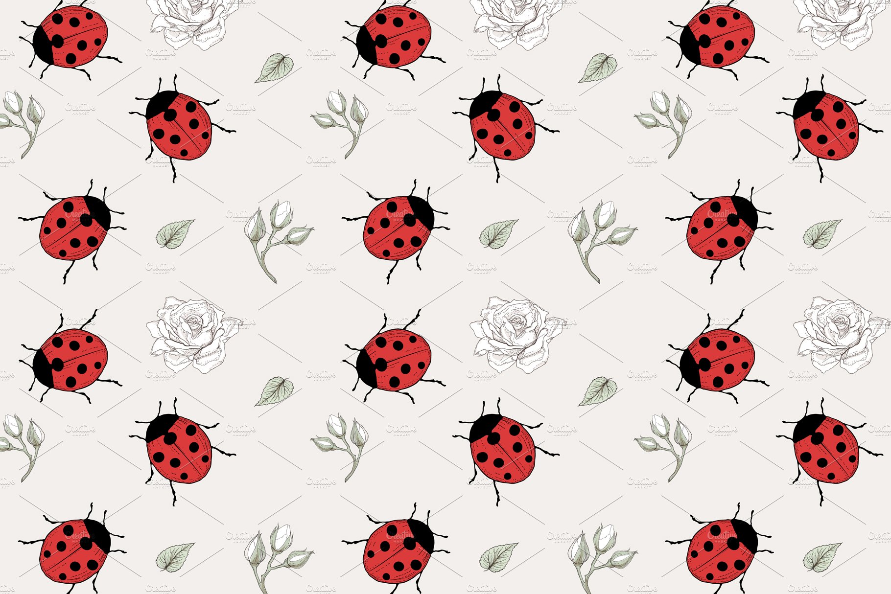 Ladybugs and Roses seamless pattern cover image.