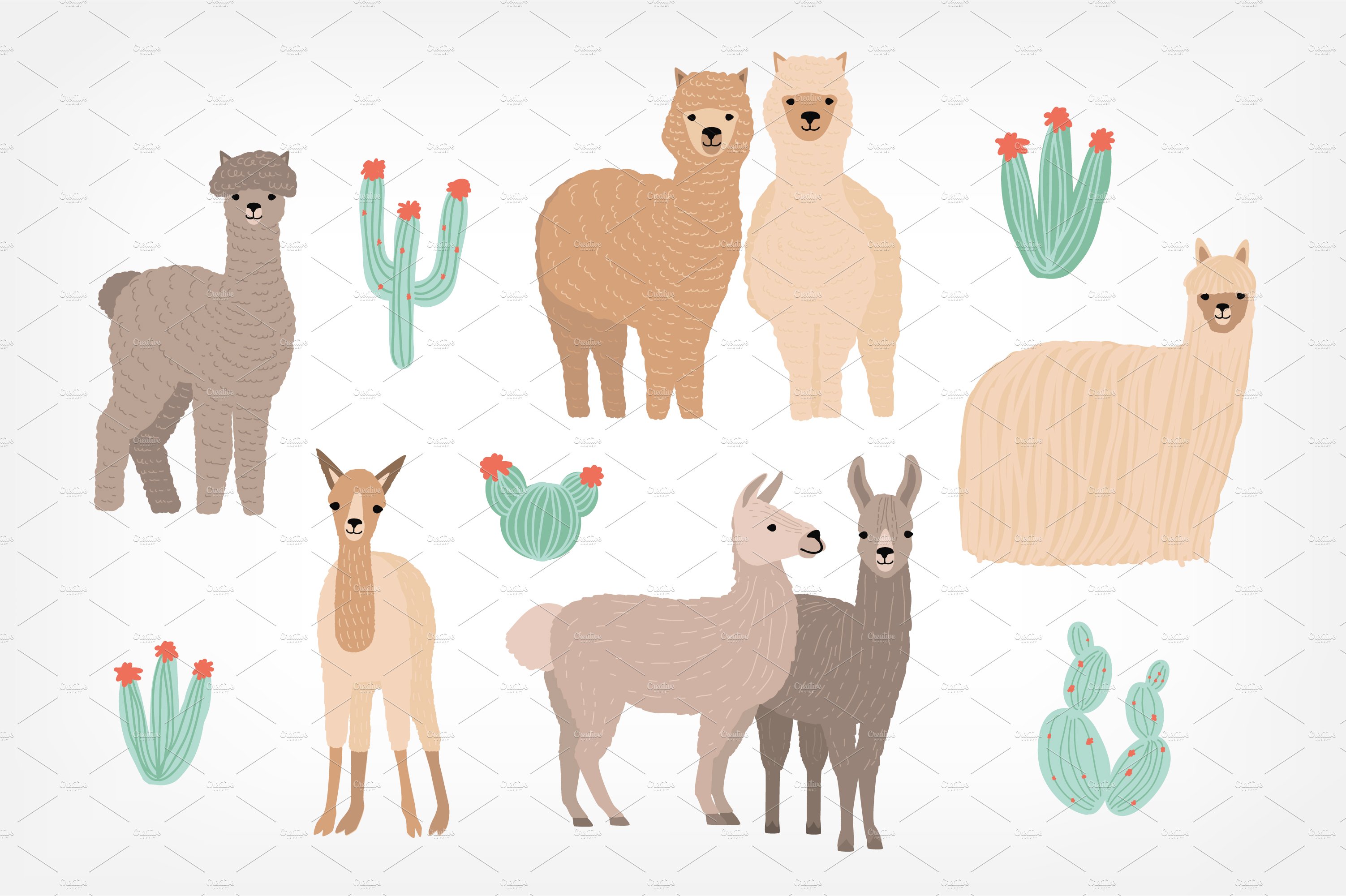 Adorable llamas and cactuses preview image.
