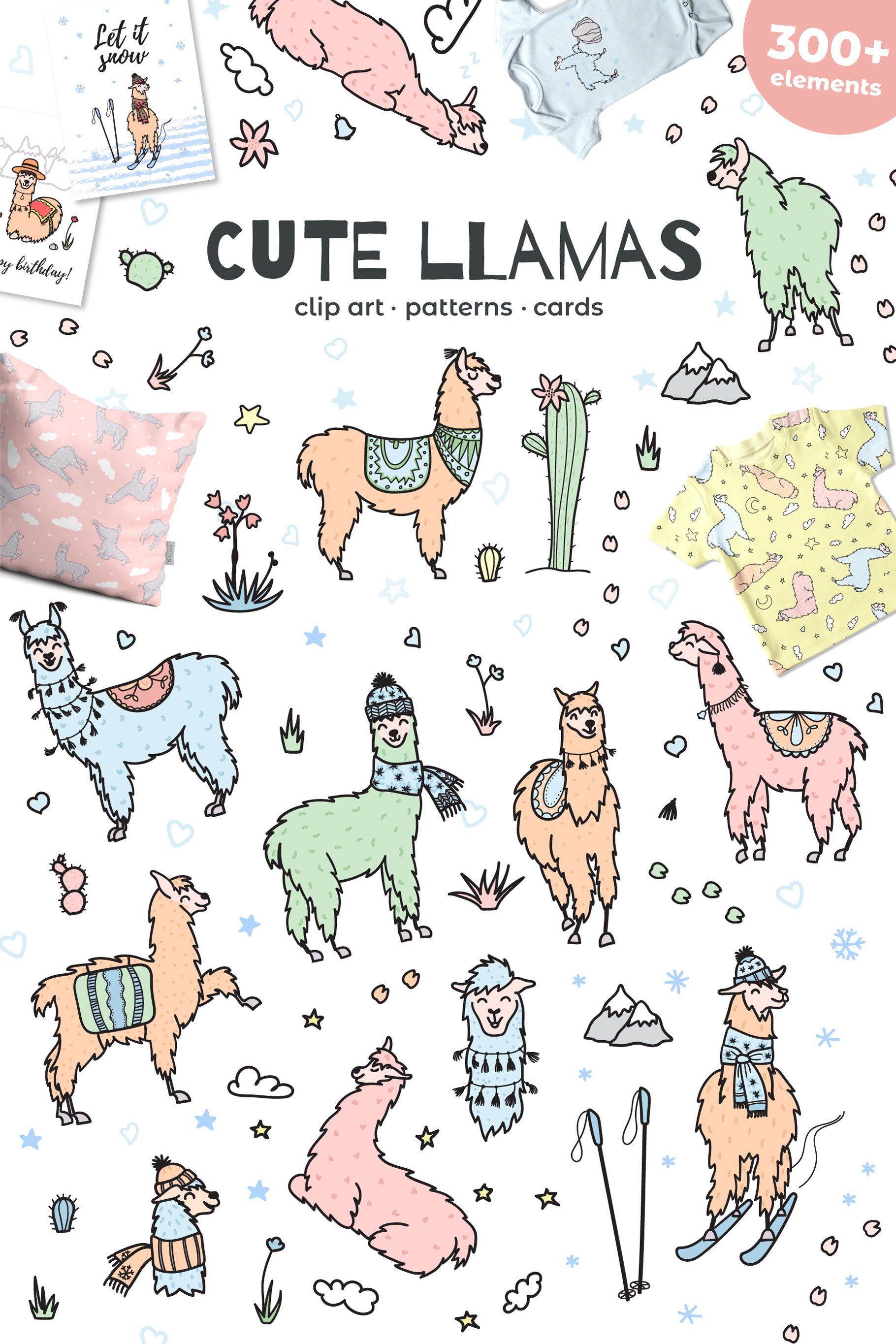 Cute llamas: big clipart&pattern set cover image.