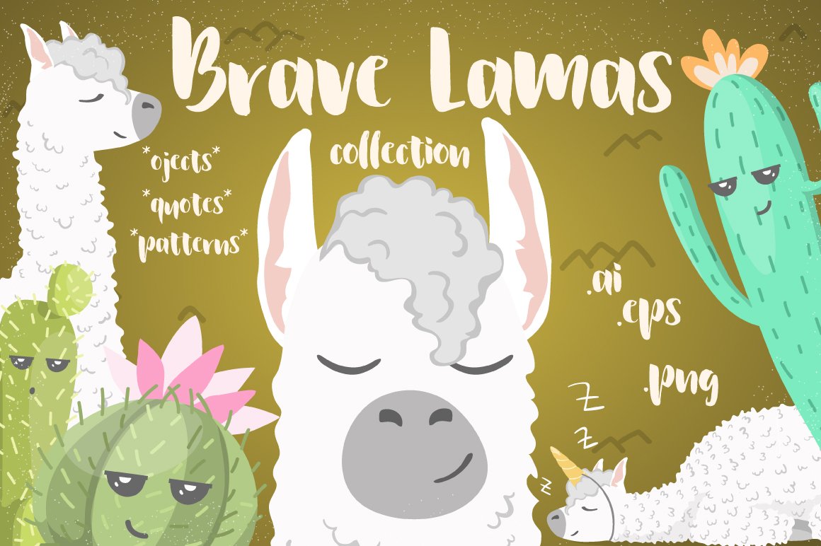 Brave Lamas & Cactuses Vector Set cover image.