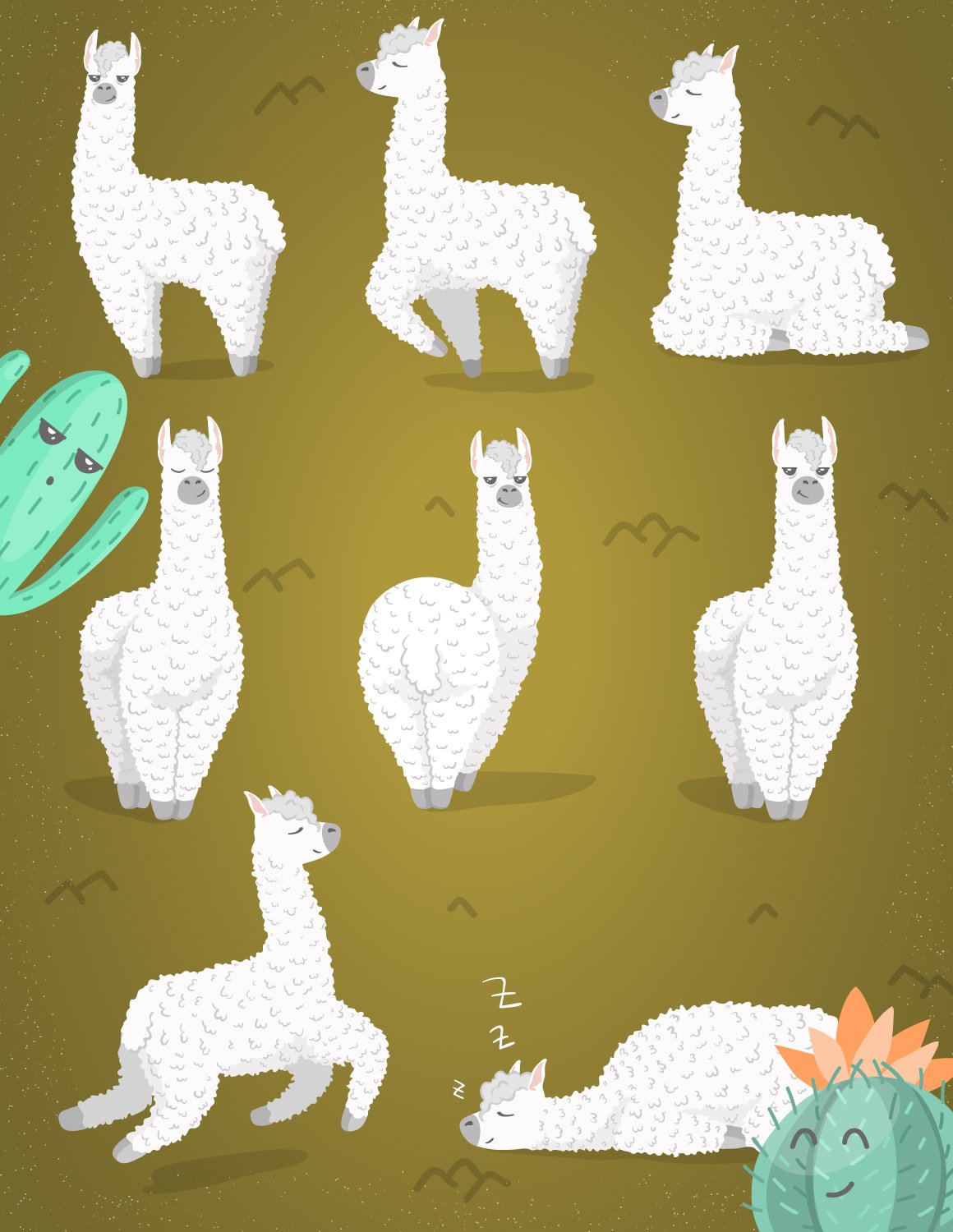 Brave Lamas & Cactuses Vector Set preview image.