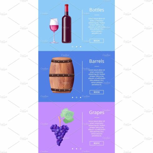 Bottles Barrels Grapes Web Poster Button Book Now cover image.