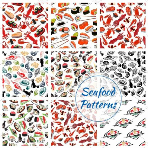 Sushi sashimi and seafood seamless vector patterns cover image.