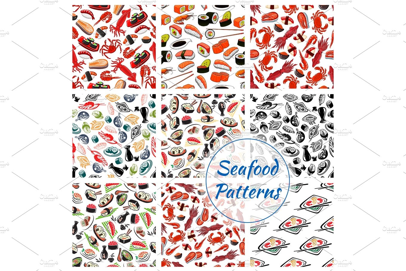 Sushi sashimi and seafood seamless vector patterns cover image.