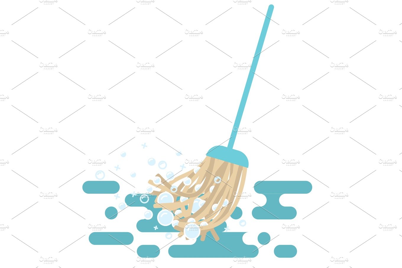 Mop vector illustration with foam bubbles. cover image.