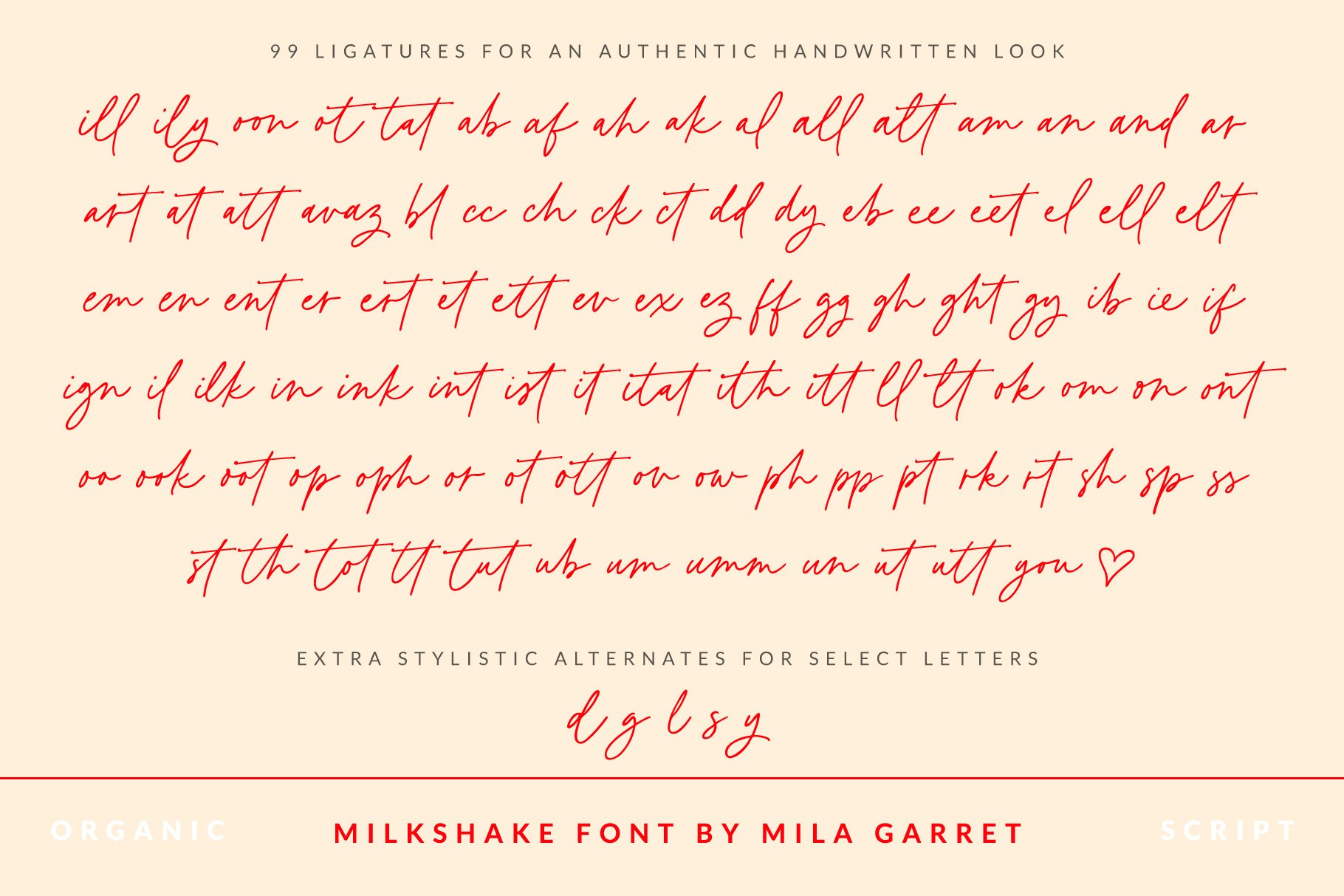 ligatures monoline tails swashes wedding handwritten font logo pretty milkshake script mila garret 943