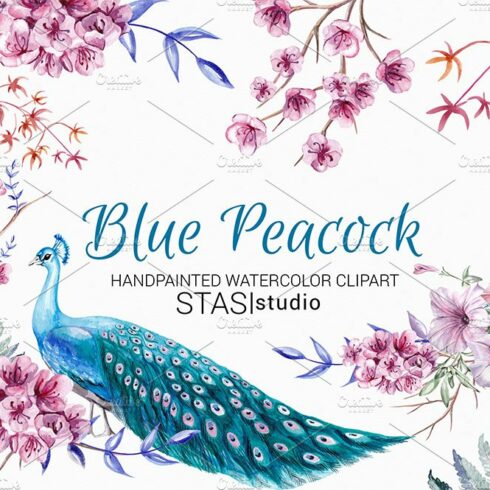 Blue Peacock Watercolor Clipart cover image.
