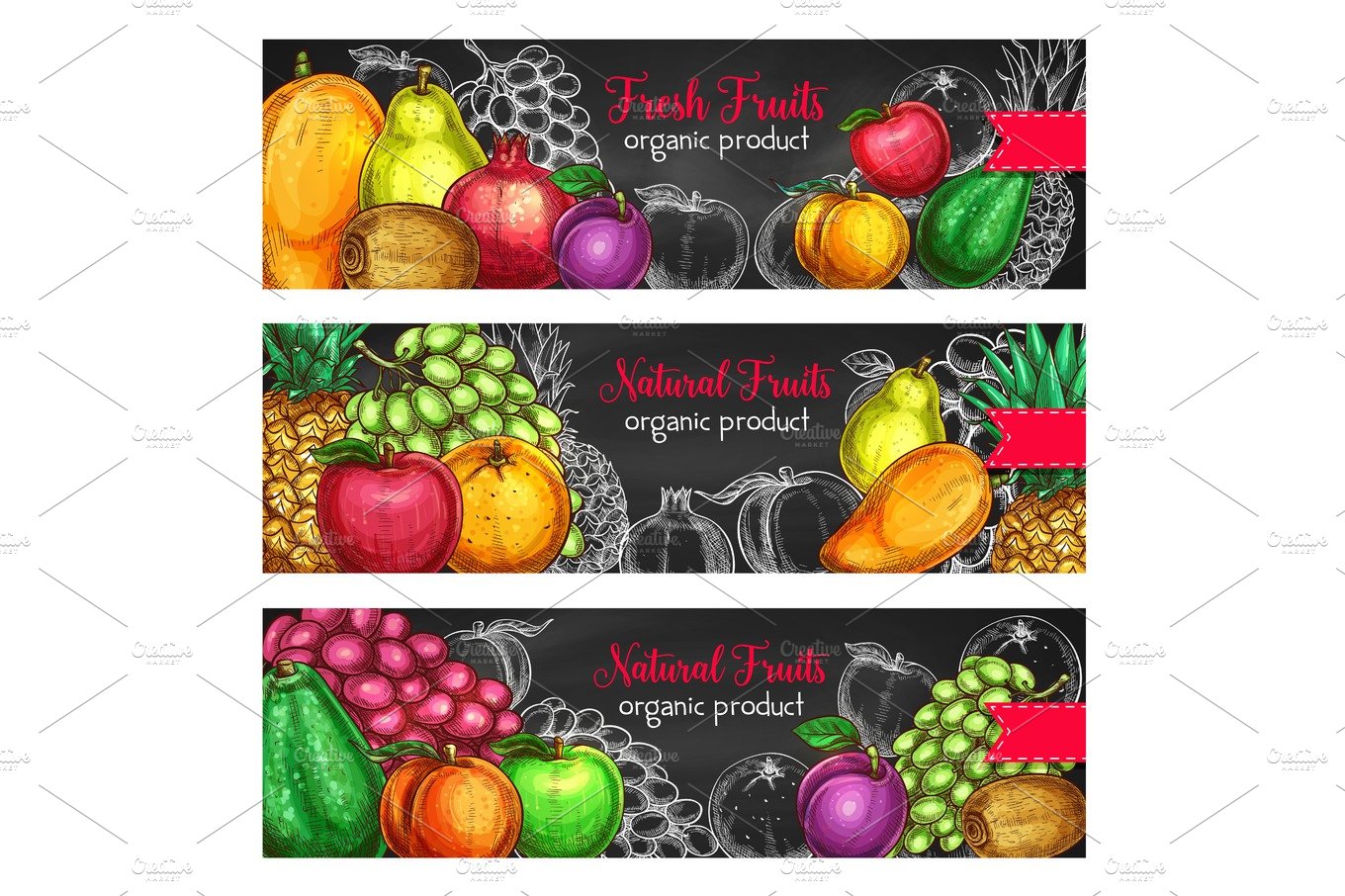 Vector sketch banners of tropical exotic fruits cover image.