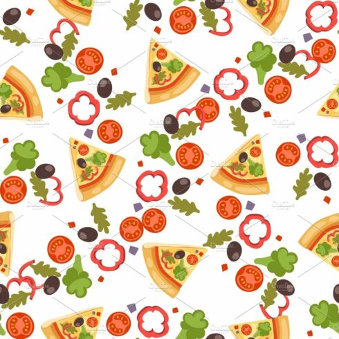 Pizza seamless pattern vector illustration piece slice pizzeria food menu s... cover image.