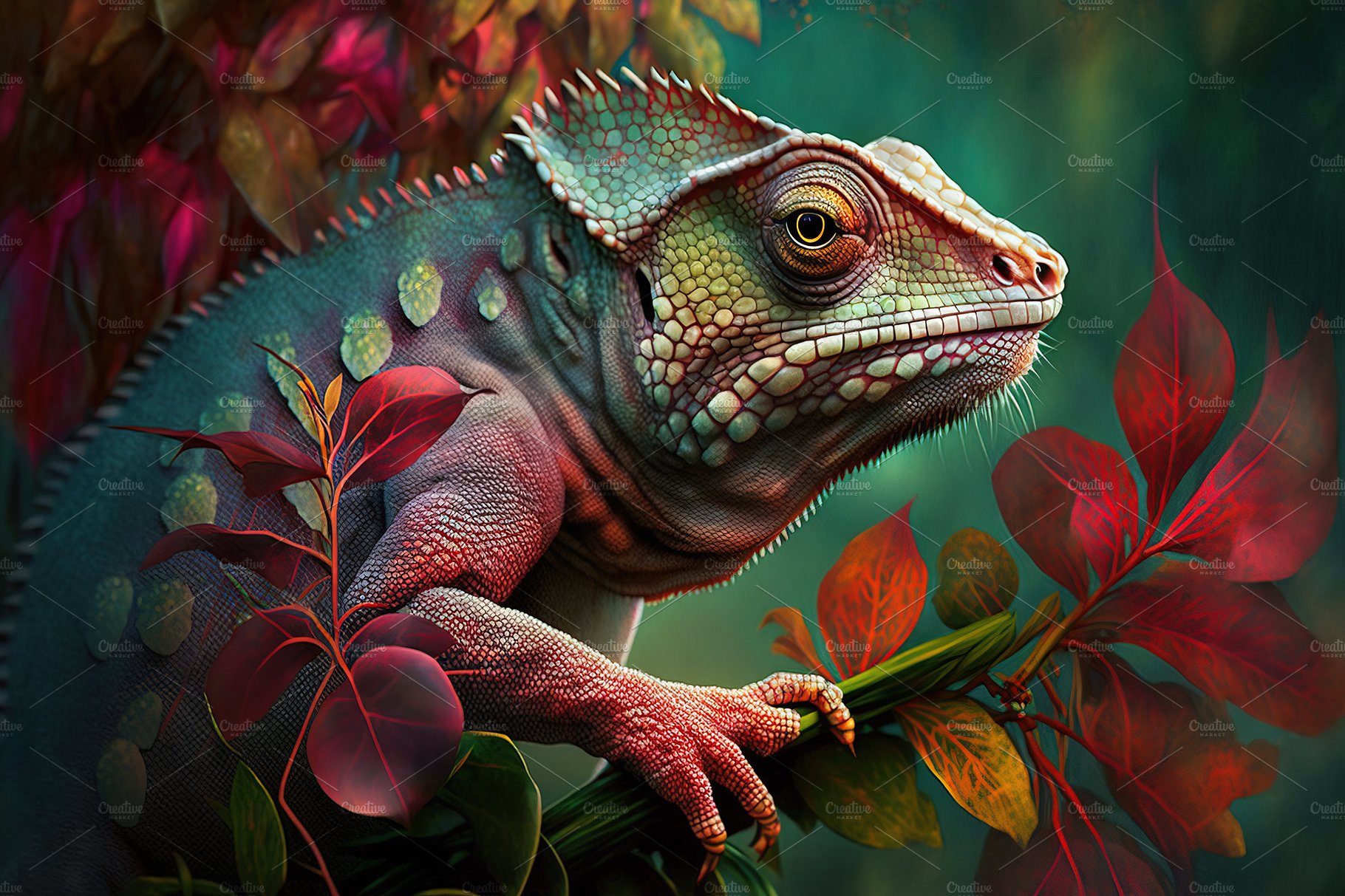 Brightly colored chameleon. Reptile. cover image.