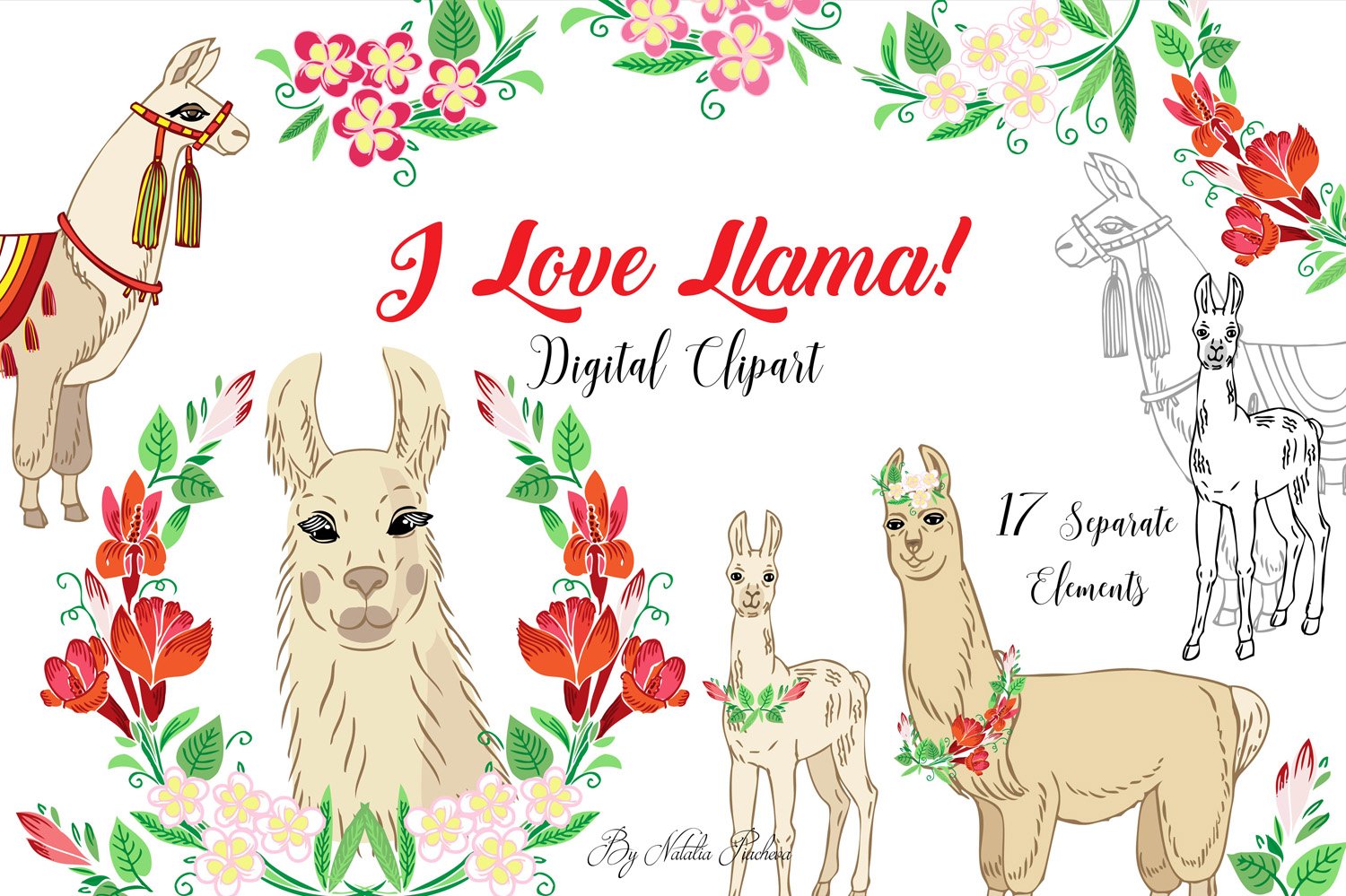 Llama Clipart with red flowers cover image.