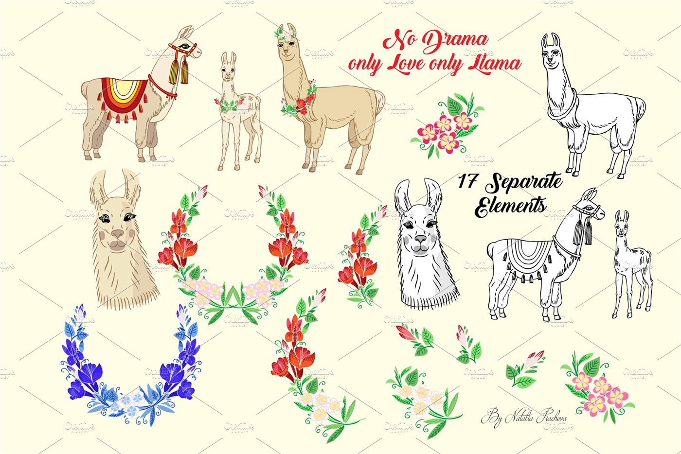 Llama Clipart with red flowers preview image.