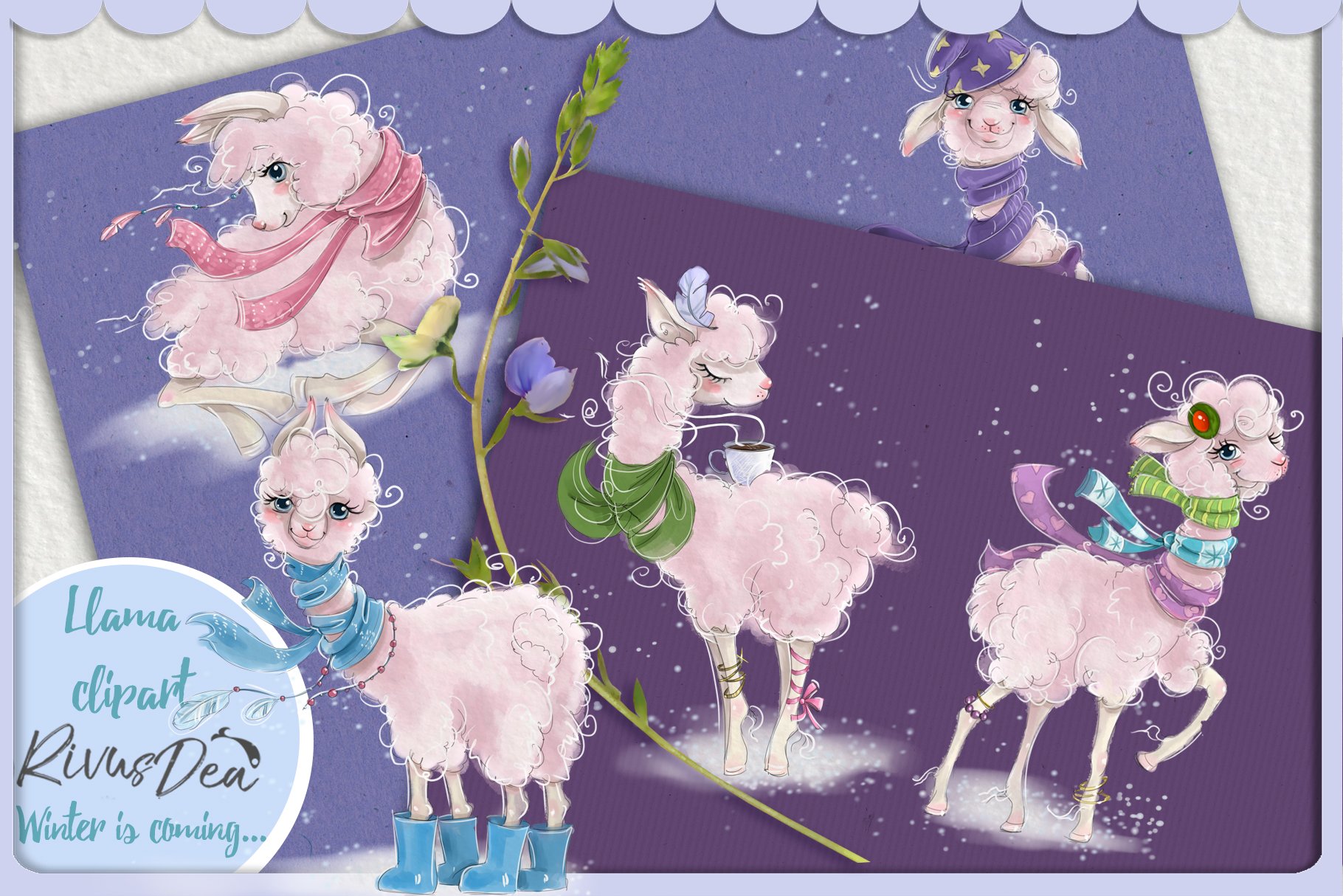 Cute llama alpaca digital clipart cover image.