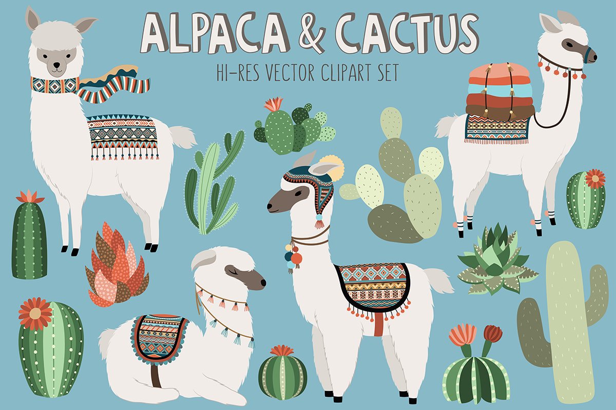 Llama and Cactus Clipart Bundle cover image.