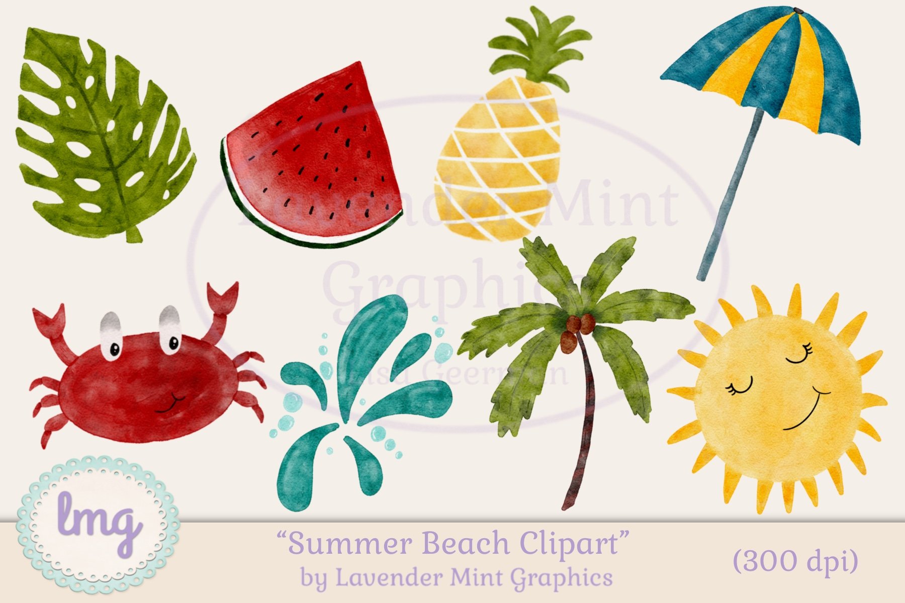 Watercolor Summer Beach Clipart preview image.