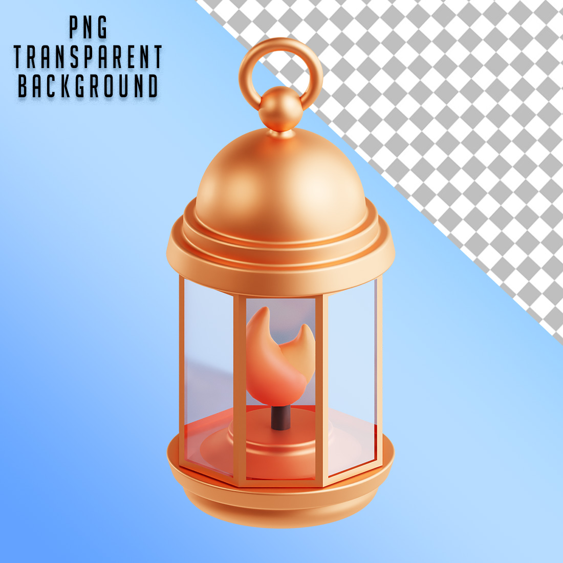 Golden lantern with a flame inside on a blue background.