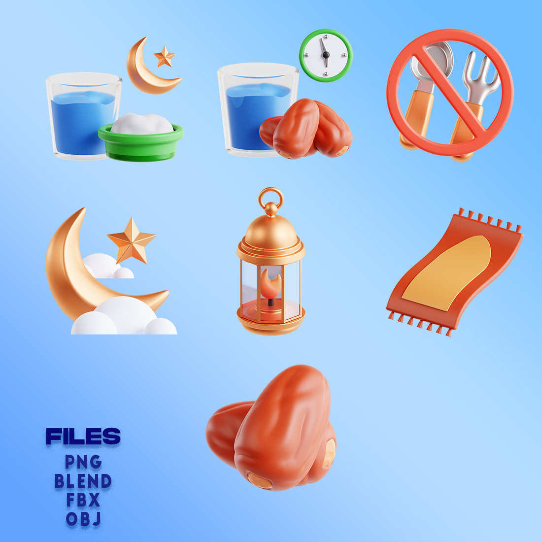 Set of different objects that are on a blue background.