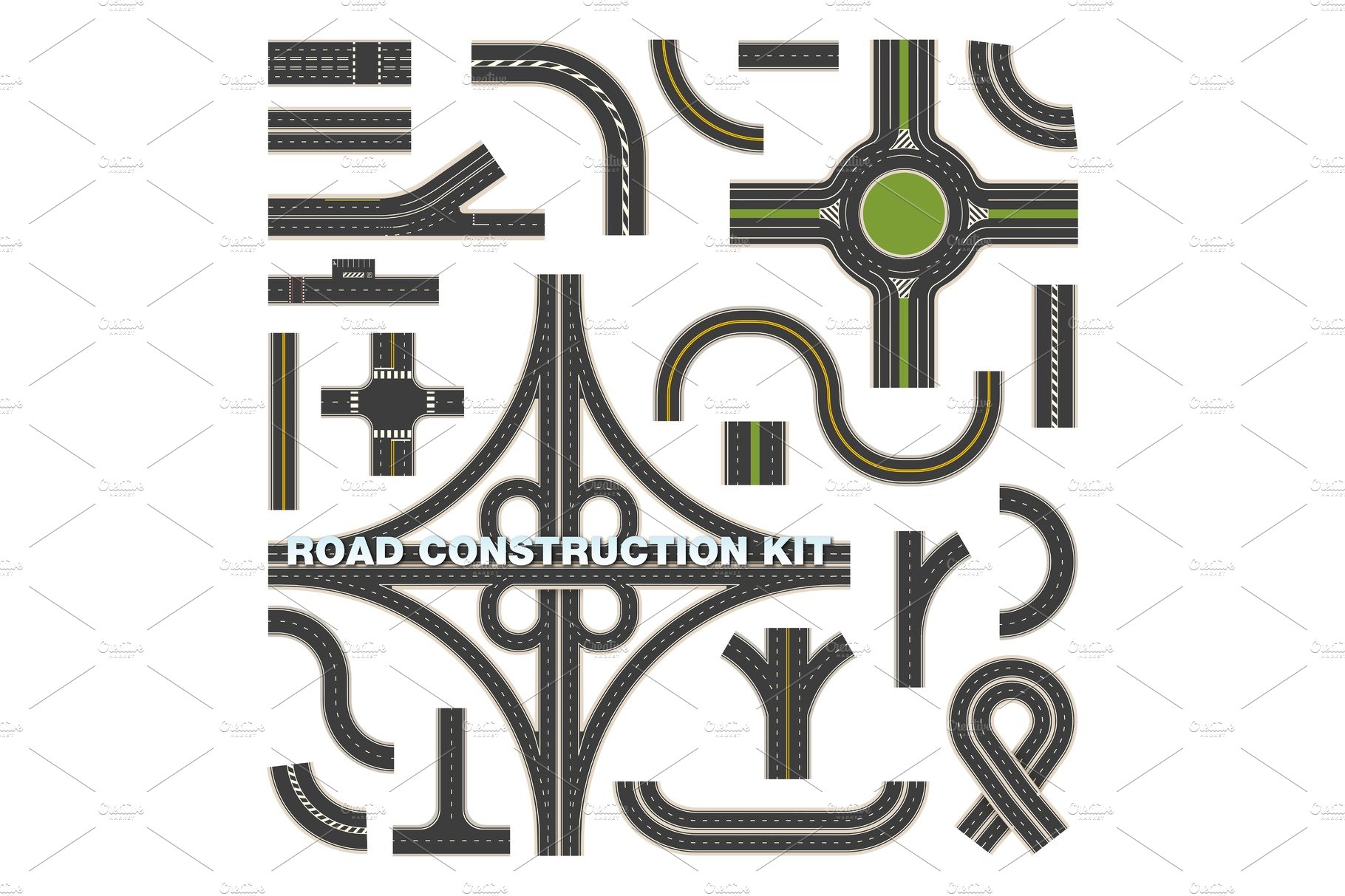 Top view on road parts for construction kit cover image.