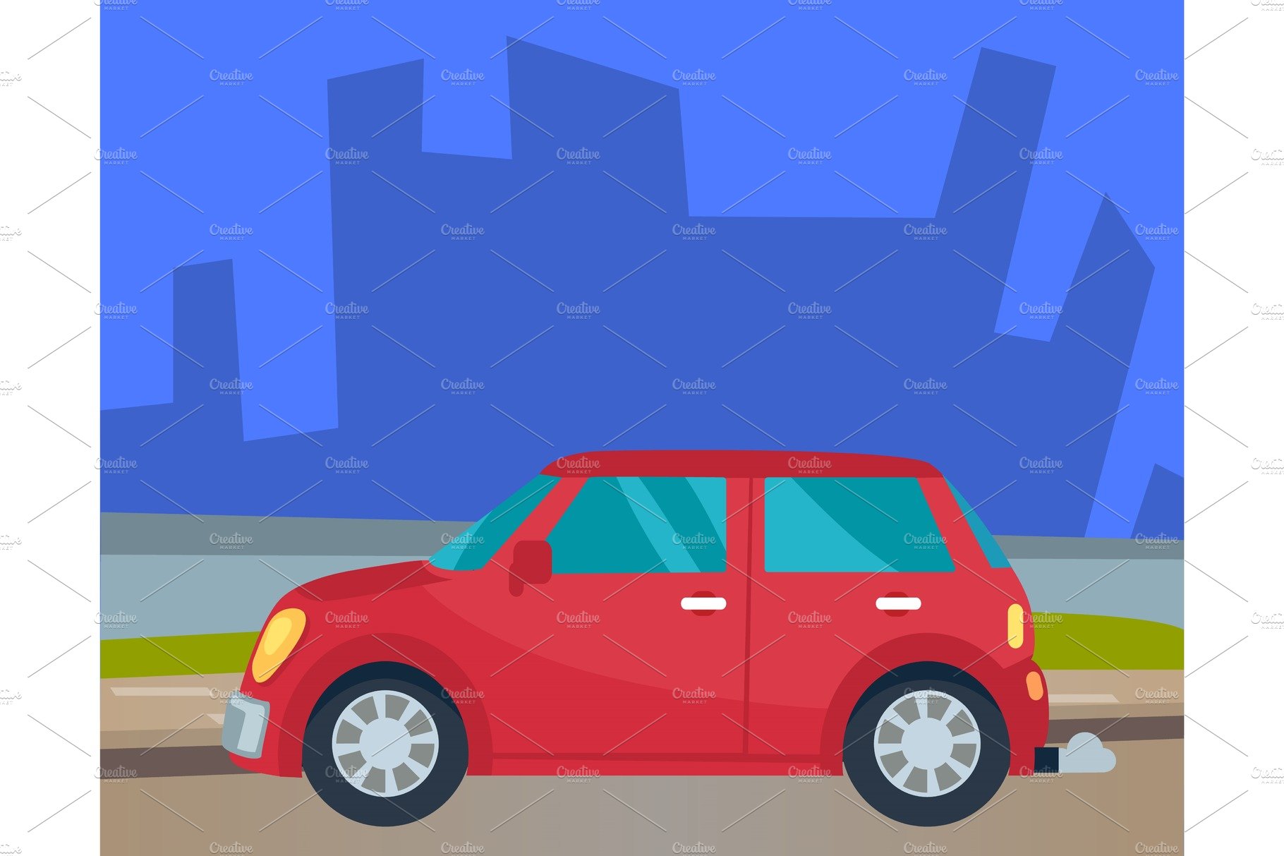 Red Car Riding Down Road in Urban cover image.