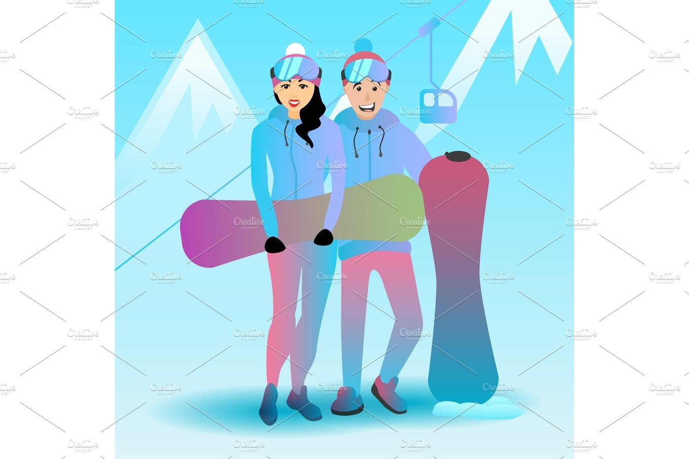 Vector illustration of a snowboarding couple. cover image.