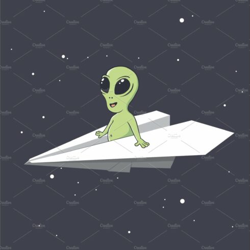 an alien flies on a paper airplane cover image.