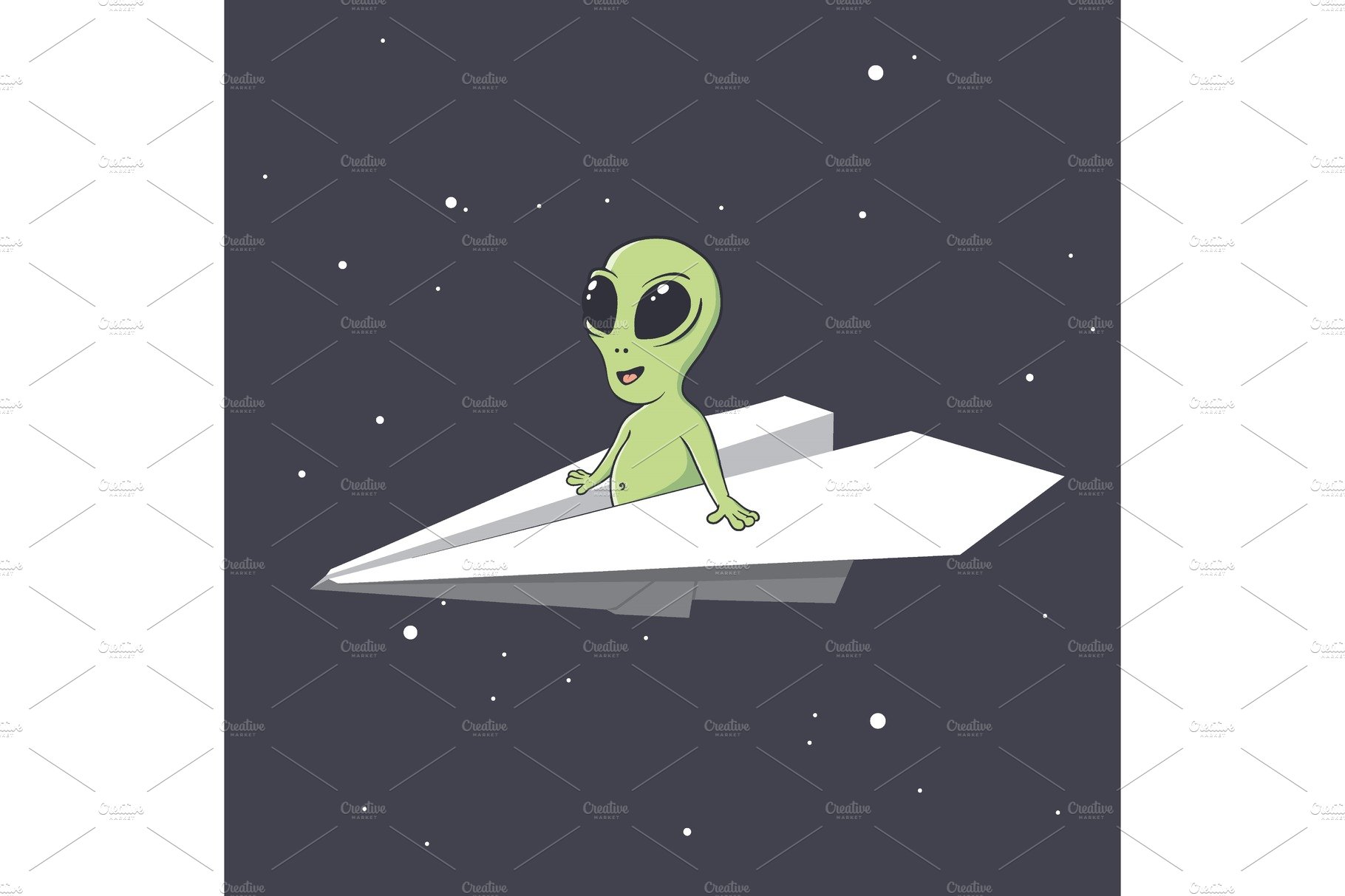 an alien flies on a paper airplane cover image.