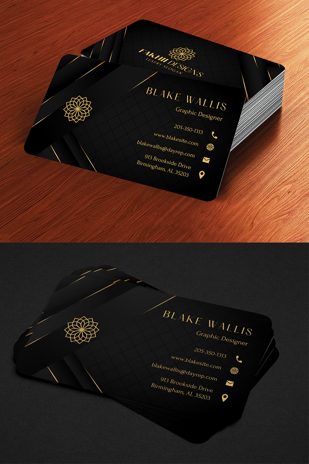 Black & Gold Modern Elegant Business Card Design | Aesthetic Editable Business Card | DIY Business Card | Canva Templates | Canva Business Cards Template | Business Card Template pinterest preview image.