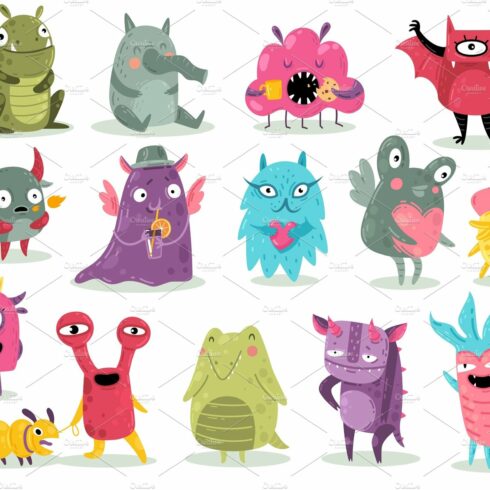 Cartoon monsters. Cute goblins cover image.