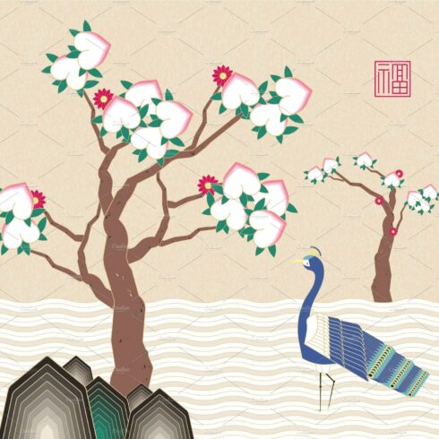 Peacock and peach tree cover image.
