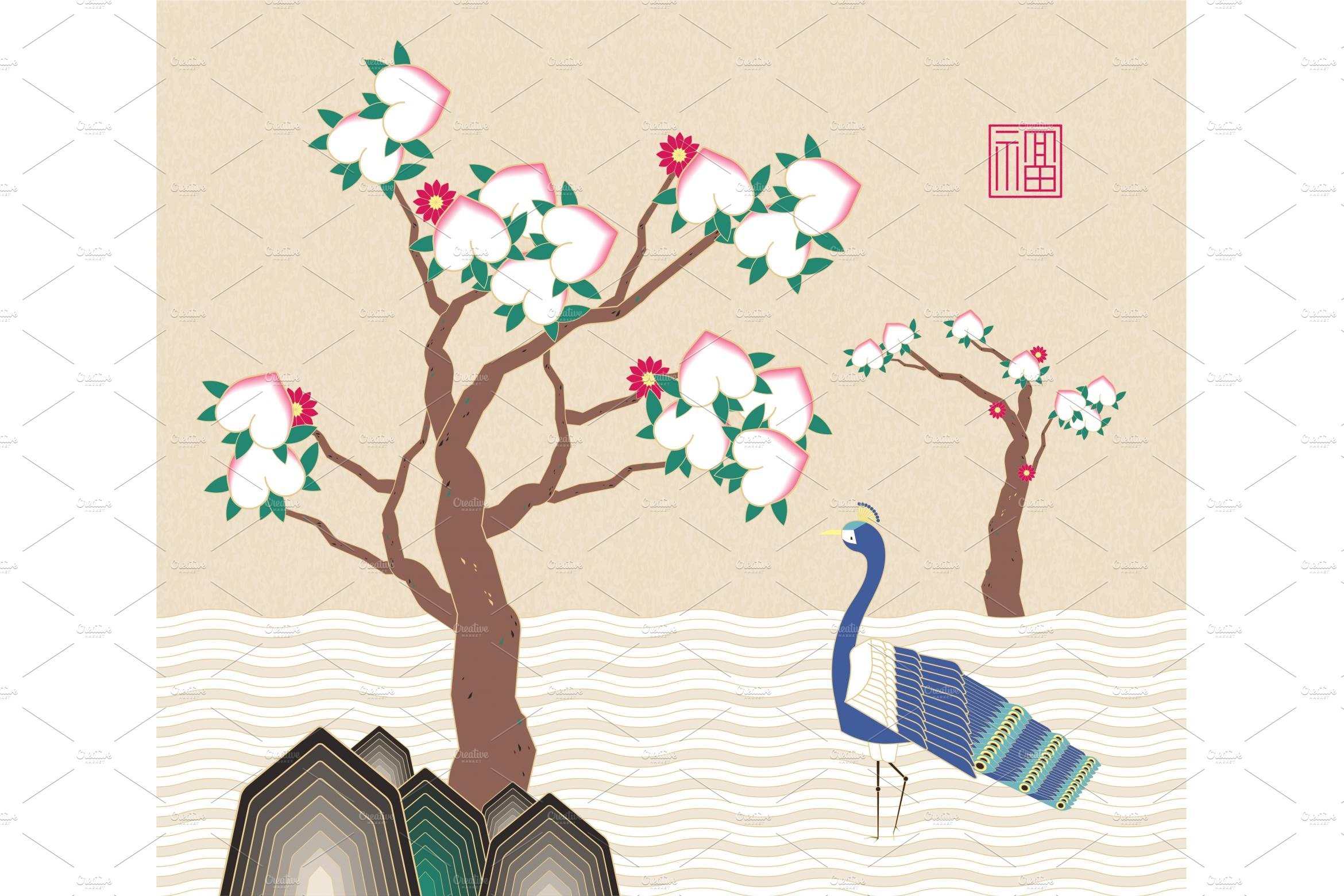 Peacock and peach tree cover image.
