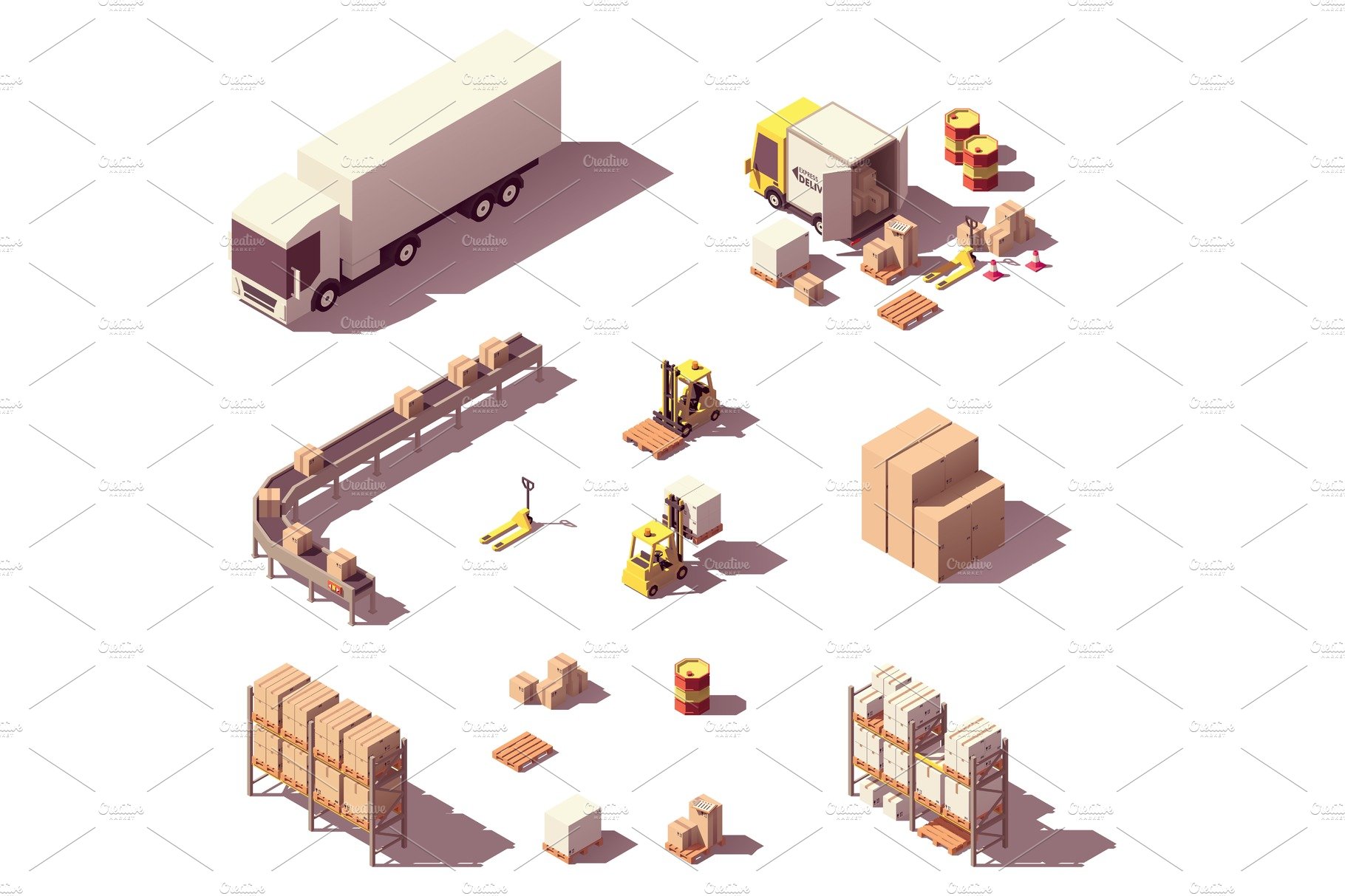 Vector isometric warehouse equipment cover image.