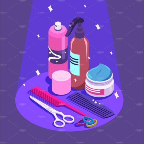 Set of styling equipment Cream, spray, shampoo, scissors. cover image.