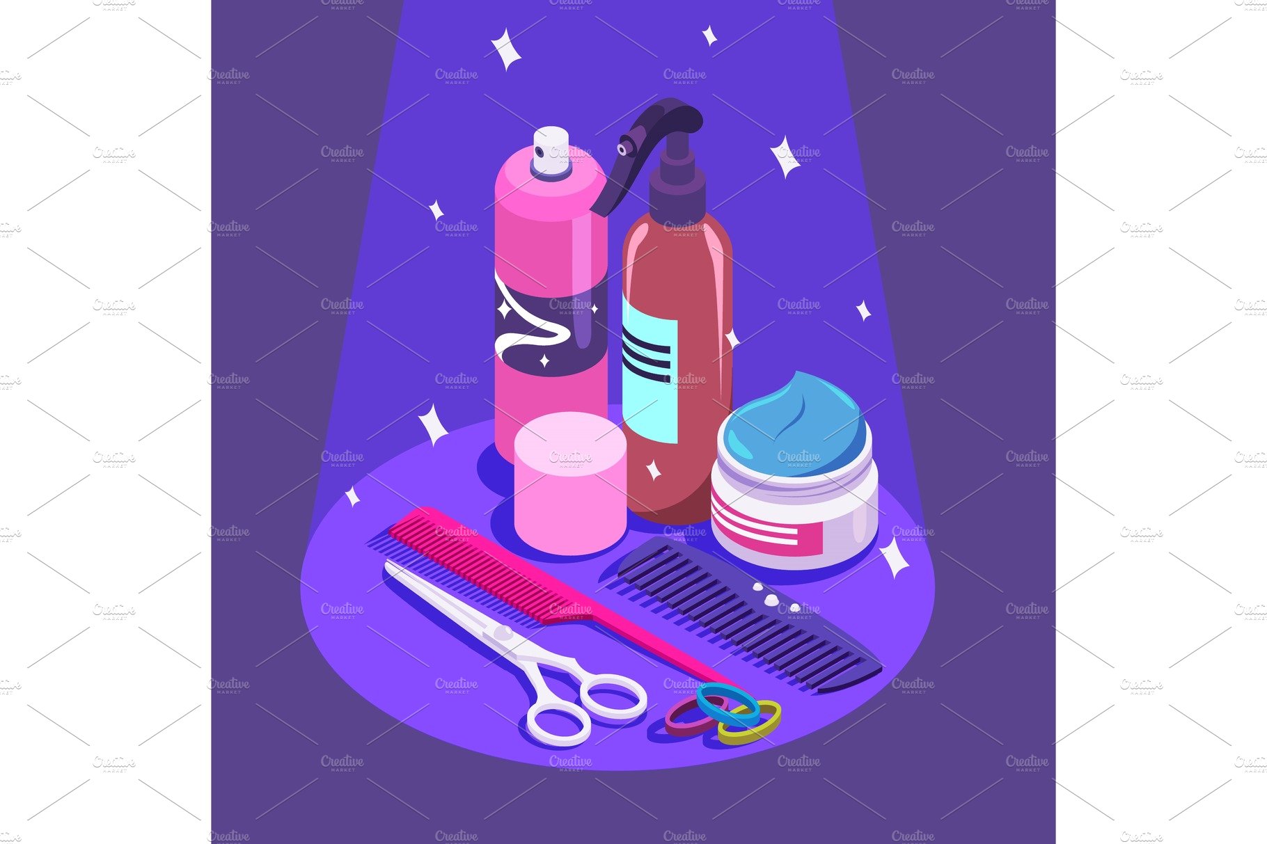 Set of styling equipment Cream, spray, shampoo, scissors. cover image.