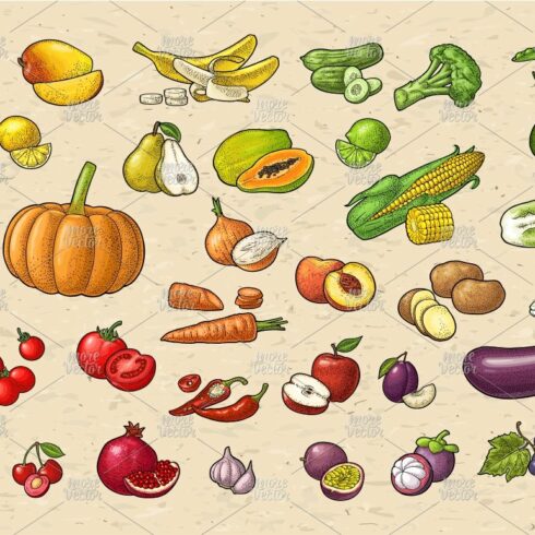 Set vegetable fruit engraving cover image.