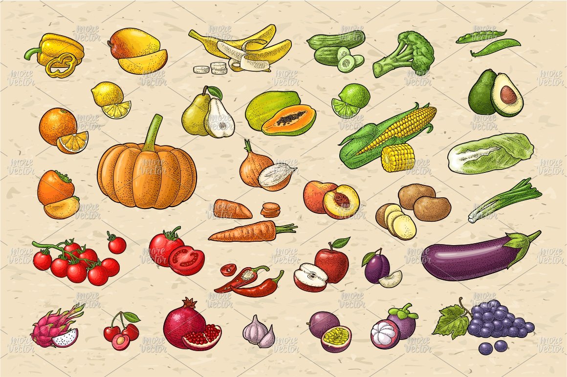 Set vegetable fruit engraving cover image.