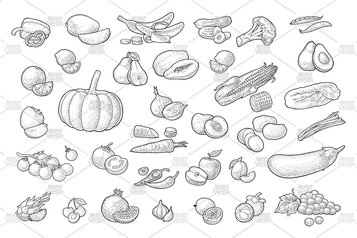 Set vegetable fruit engraving preview image.